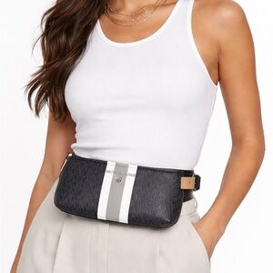 ✨ Michael Kors Logo Stripe Belt Bag / Waist Bag – Black & Silver ✨